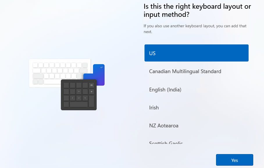 Setup: Selecting the keyboard layout