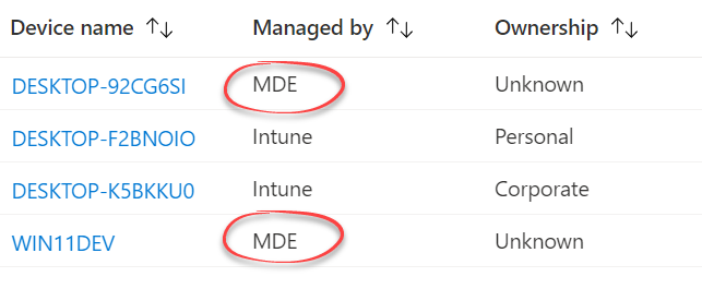 Devices are listed as being Managed by "MDE"