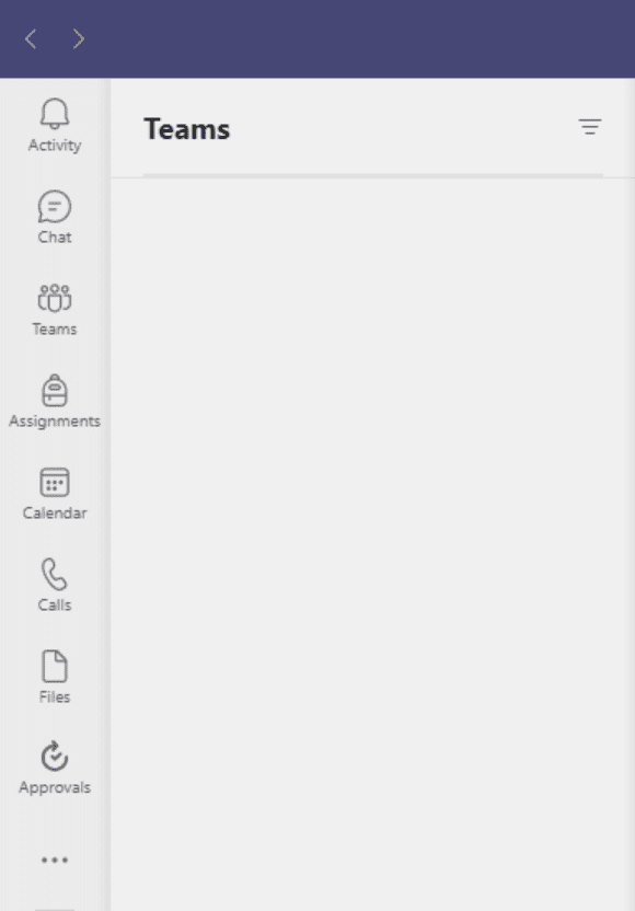 Left-hand side list of options in Microsoft Teams