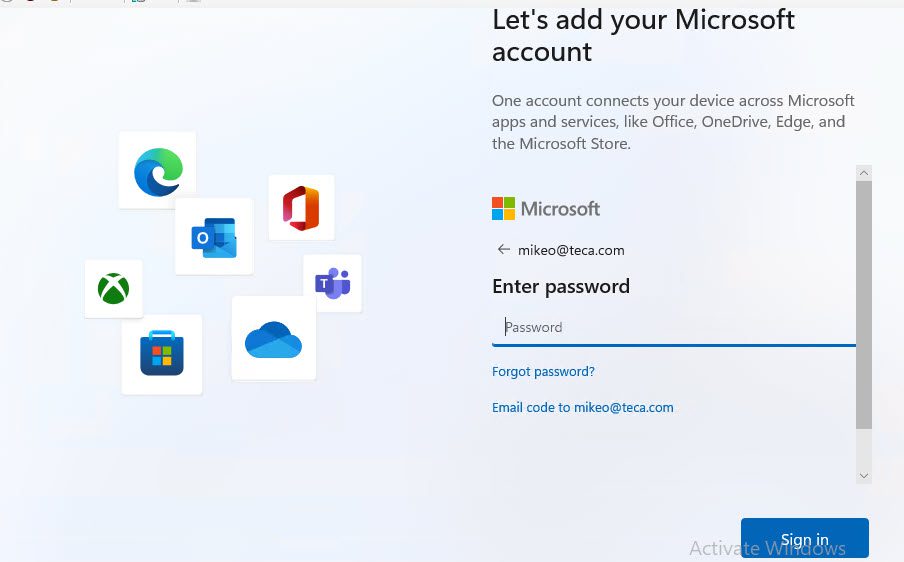 Setup: Entering the password for your Microsoft account