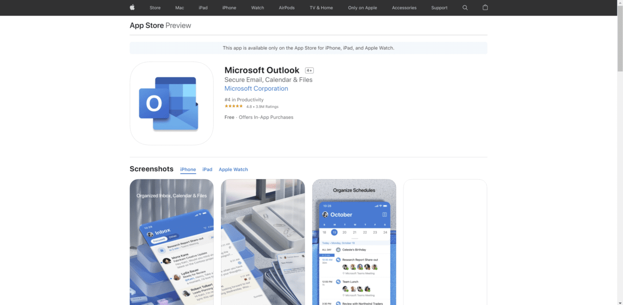 Microsoft Outlook in the Apple Store