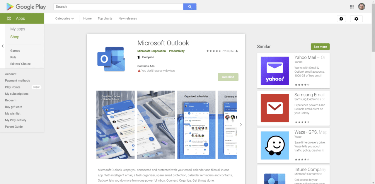 Microsoft Outlook in the Google Play Store