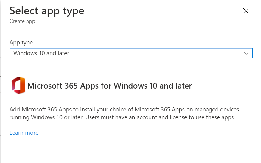 Selecting app type for Microsoft 365 Apps installs