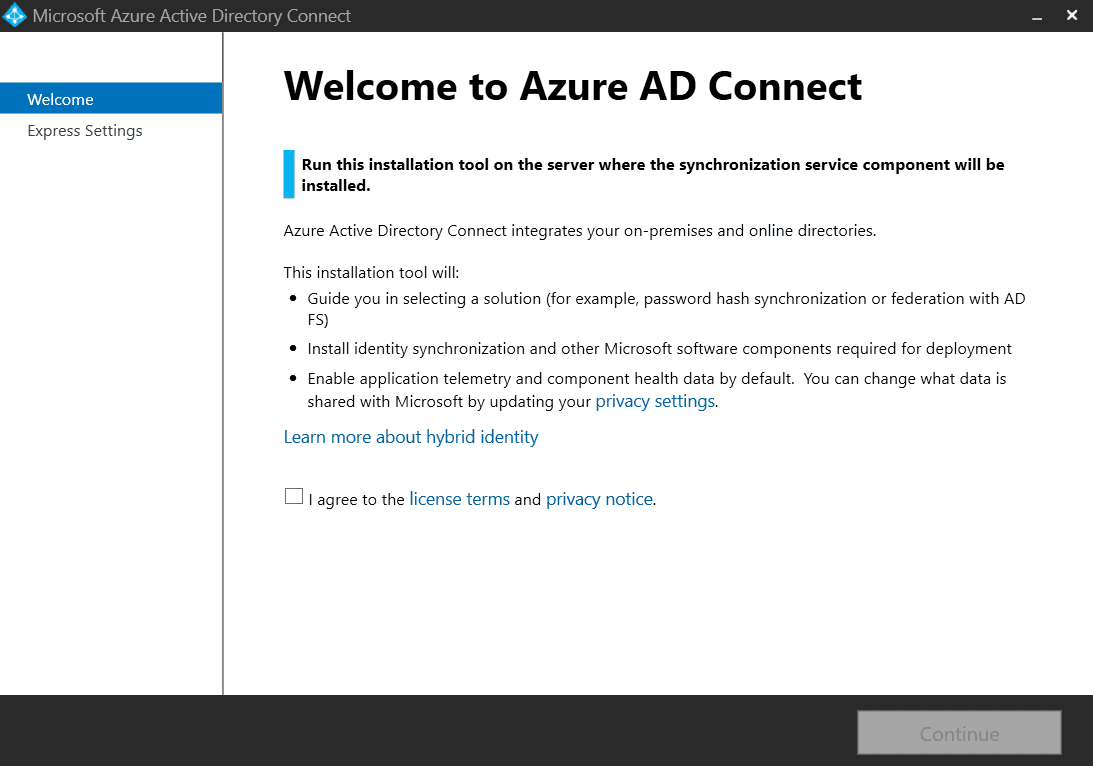 The Welcome Screen for Azure Active Directory Connect
