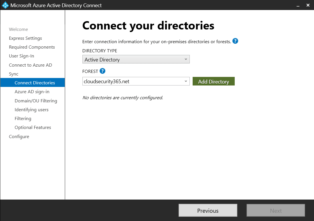 The screen where you can Connect Your Directories