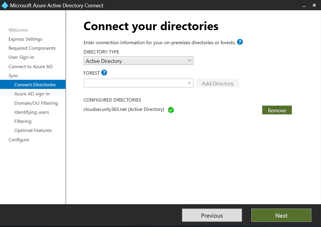 Azure AD Connect Connect Your Directories Screen