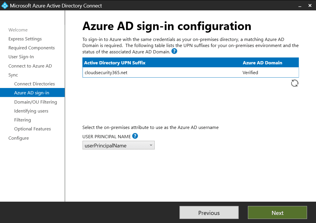 Azure AD Connect Azure AD Sign-in Configuration Screen