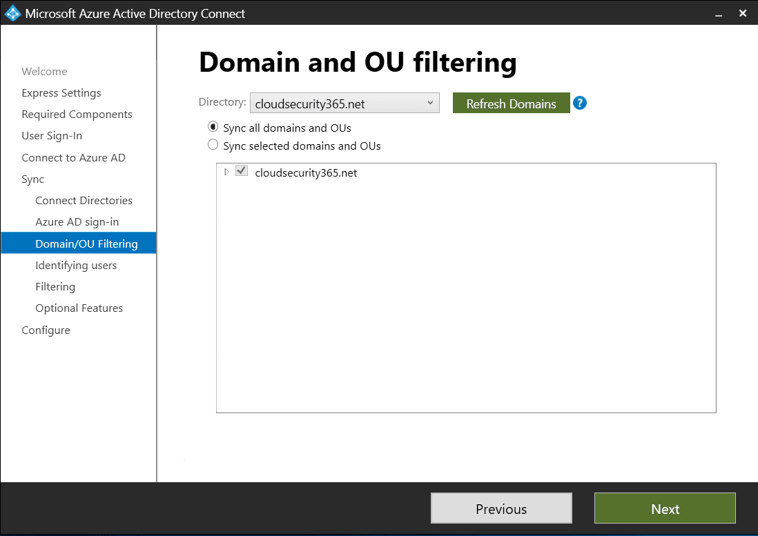Azure AD Connect Domain and OU Filtering Screen