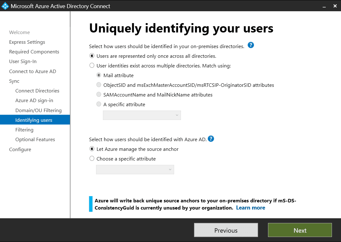 Azure AD Connect Uniquely Identifying Your Users Screen