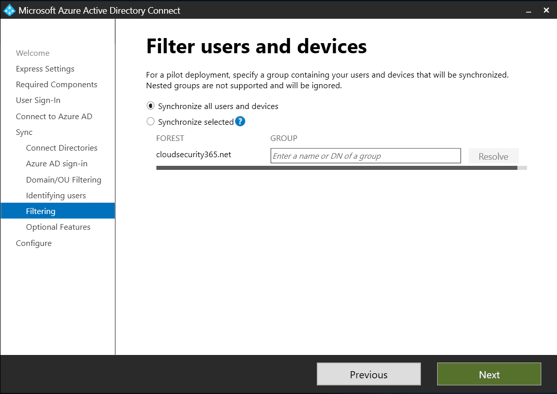 Azure AD Connect Filter Users and Devices Screen