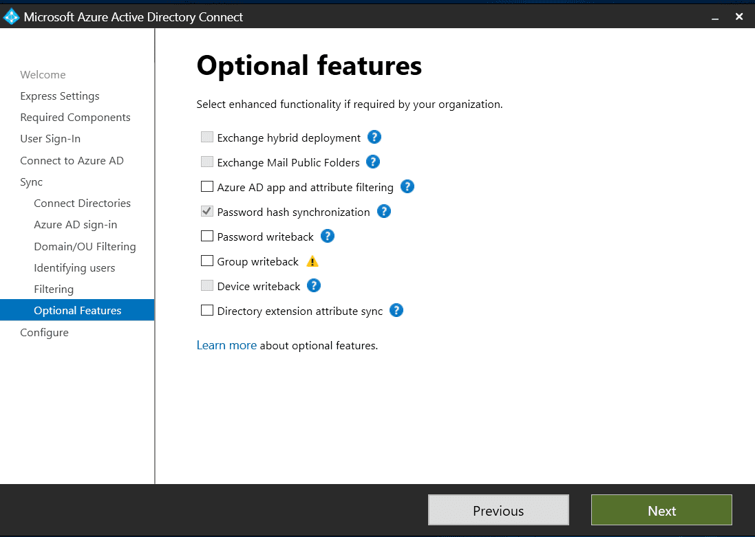 Azure AD Connect Optional Features Screen