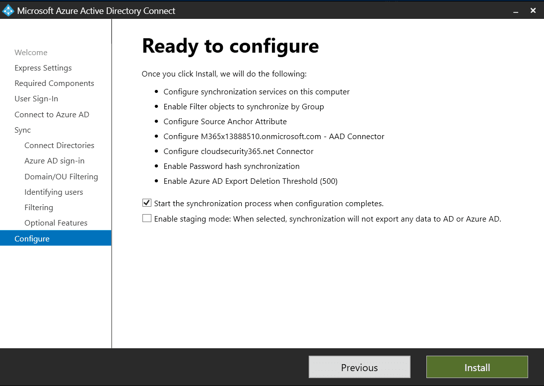 Azure AD Connect Ready To Configure Screen 