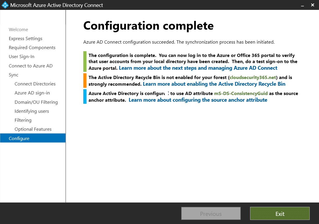 Azure AD Connect Ready To Configure Configuration Complete Screen