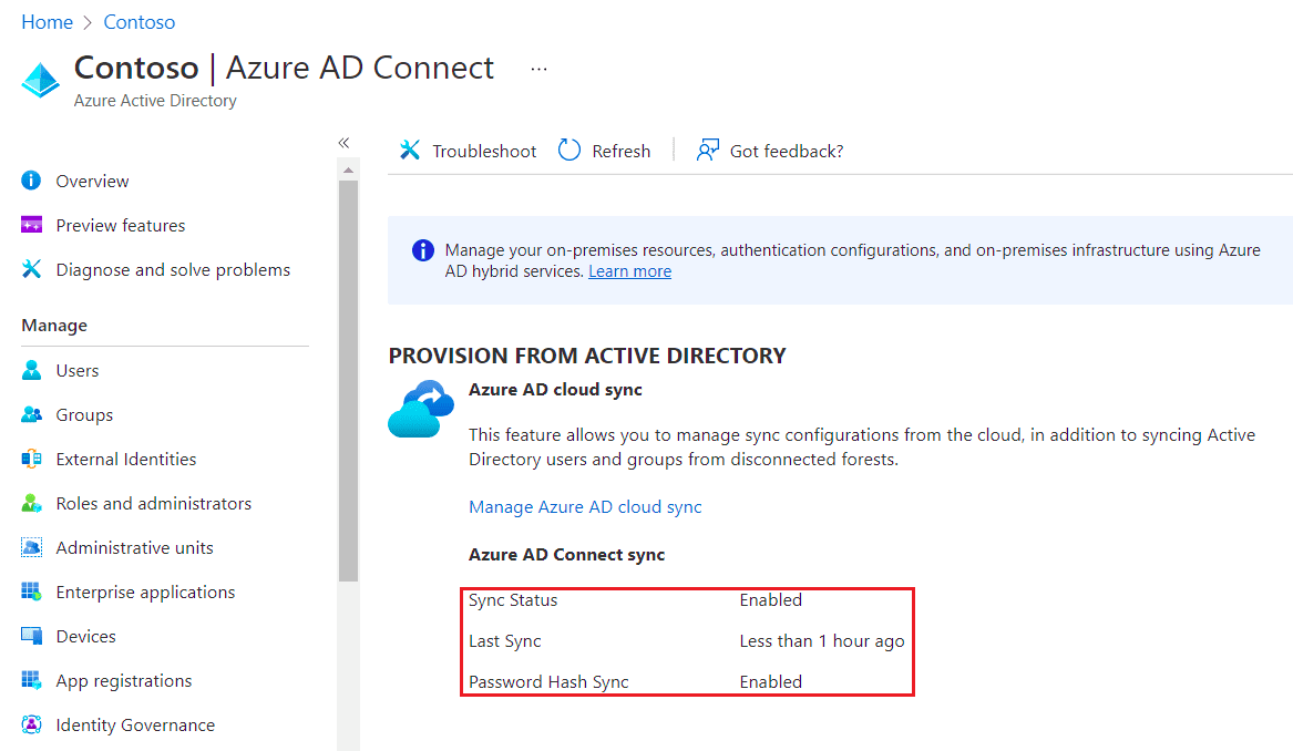 Azure Portal Azure AD Connect Section