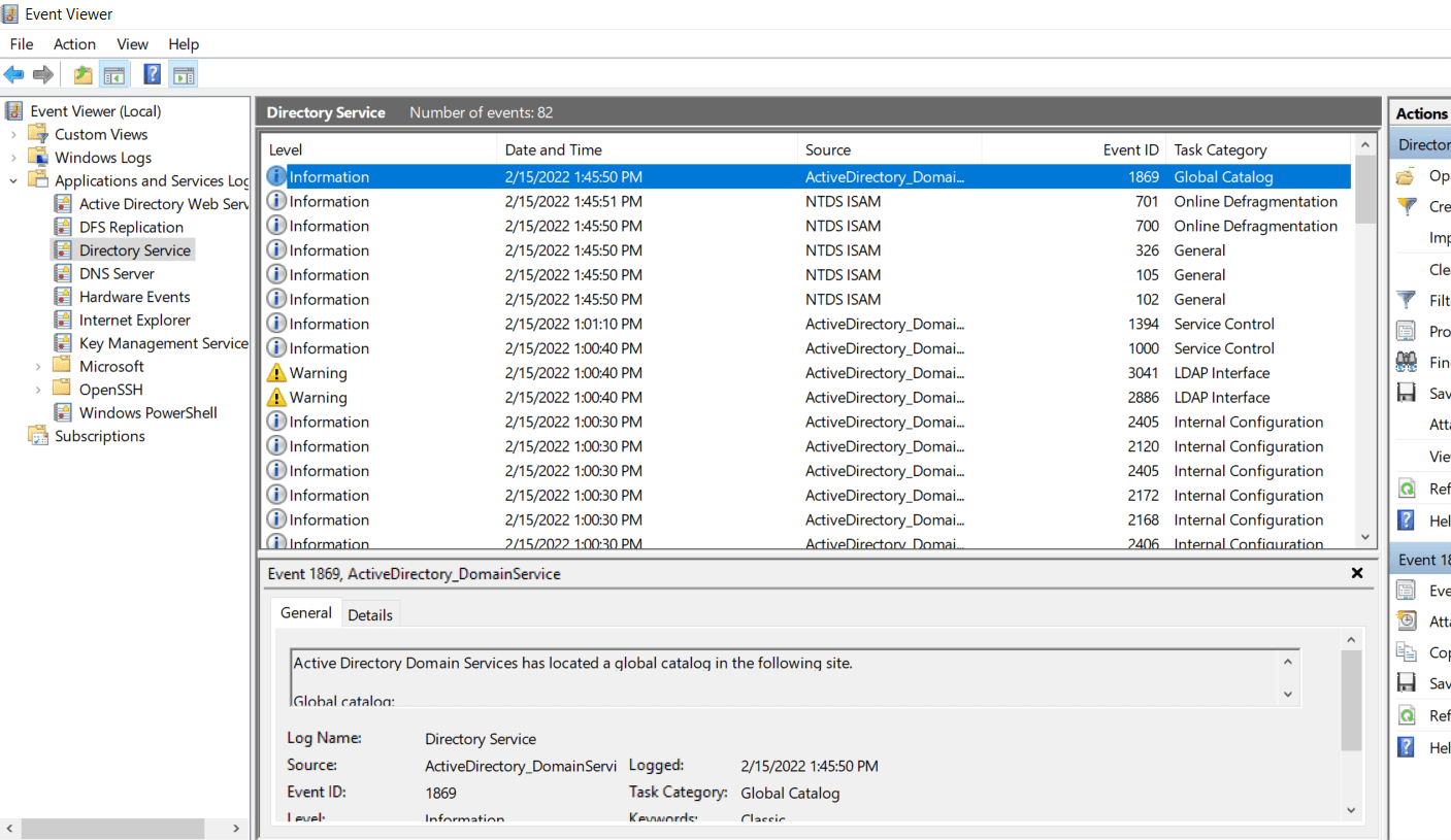 Event Viewer showing Directory Services Log