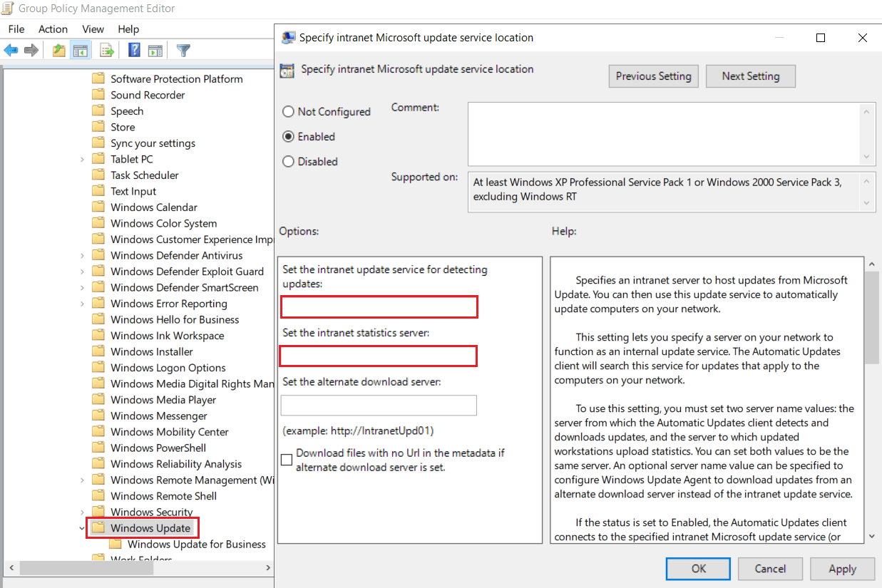 Group Policy Management Console showing WSUS Server Configuration Policy 