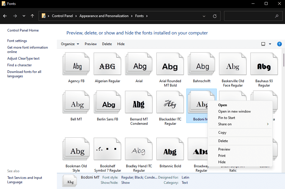 Installing fonts from Windows Legacy control panel