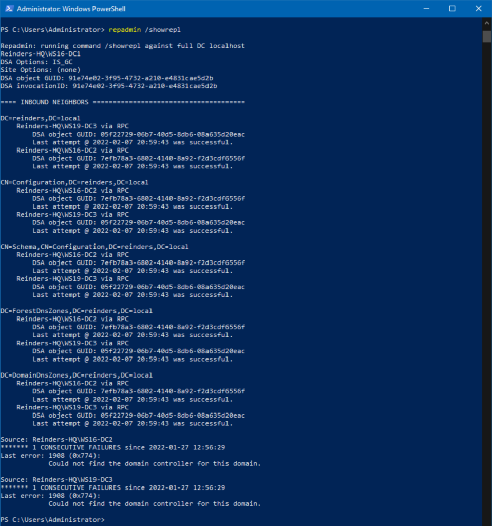 PowerShell command showing full replication status