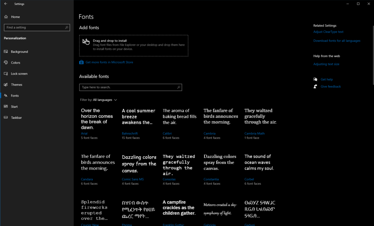 Windows 10 fonts settings page