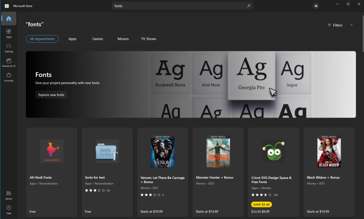 Searching for Fonts in the Microsoft Store