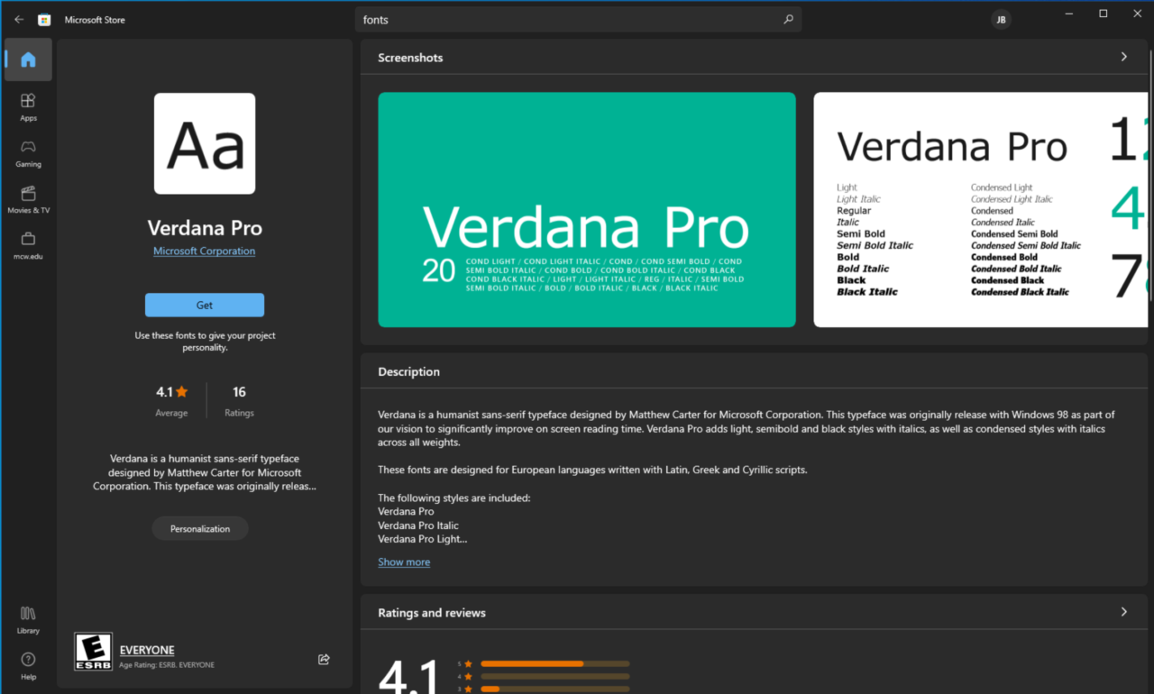 The 'Verdana Pro' Font in the Microsoft Store