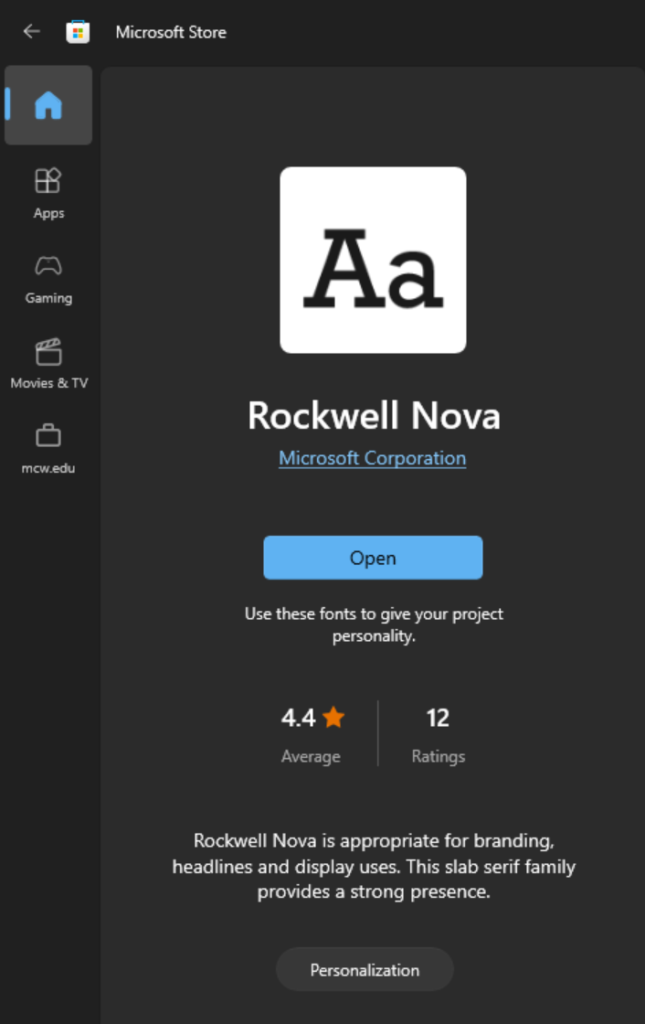 installing the 'Rockwell Nova' font from the Microsoft Store