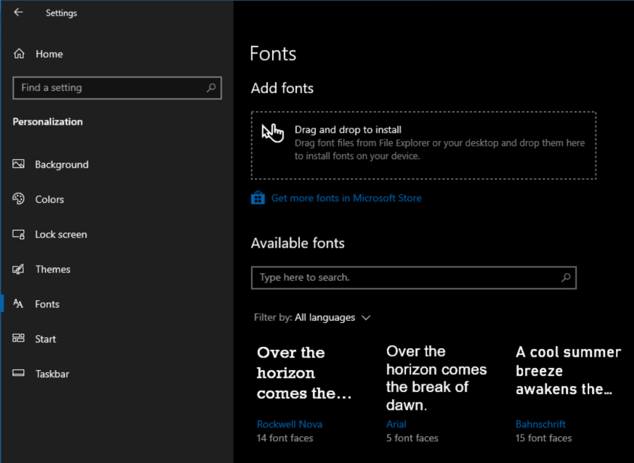 Drag and Drop font files in Windows Settings