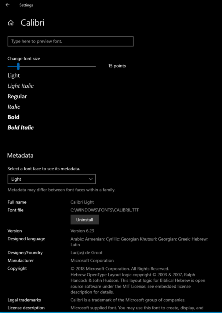 Previewing the 'Calibri' Font in Windows Settings
