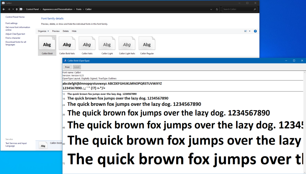 Previewing the Calibri Font in the legacy Control Panel in Windows 10