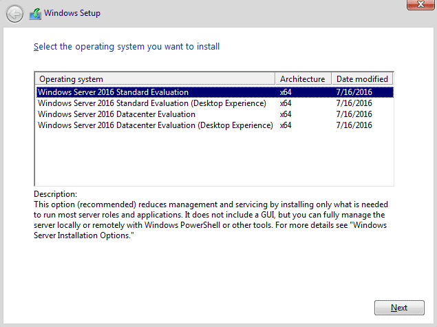 Windows Server Installation options