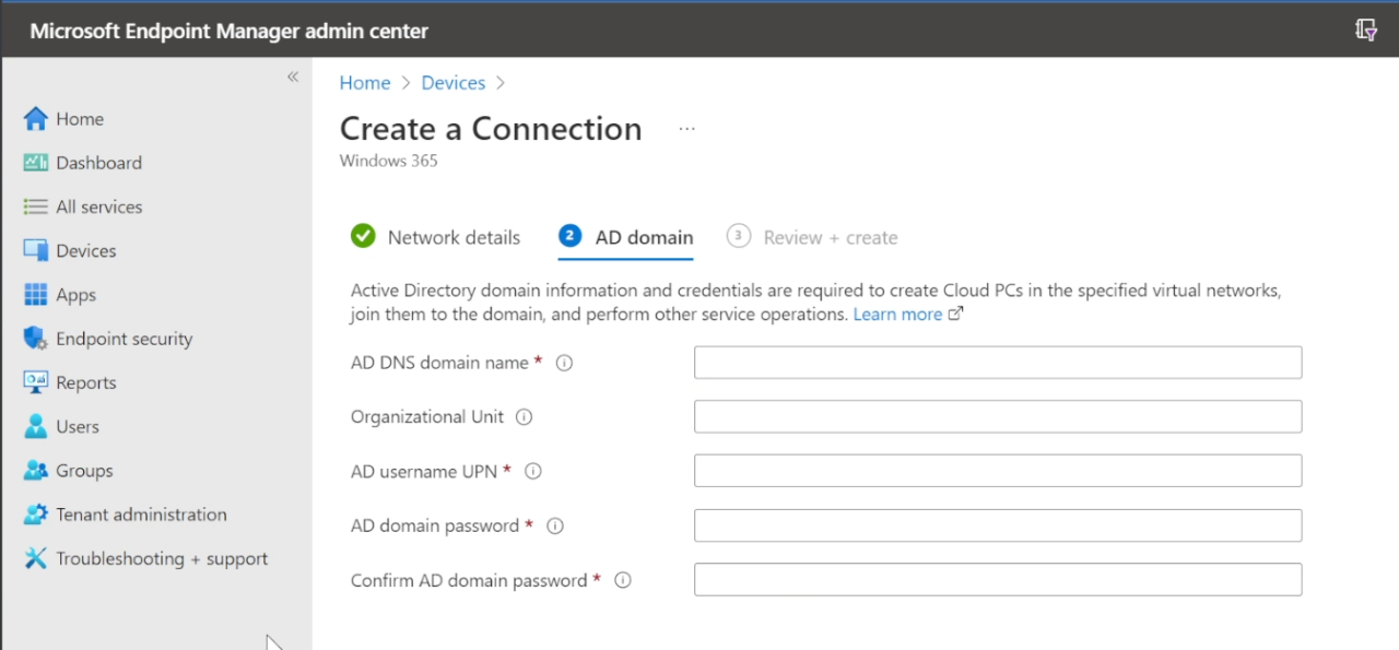 Configuring AD Domain in Microsoft Endpoint Manager admin center