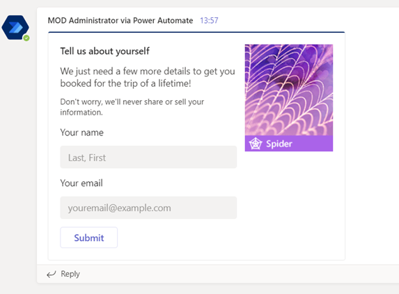Input form Adaptive Card in a Teams Channel