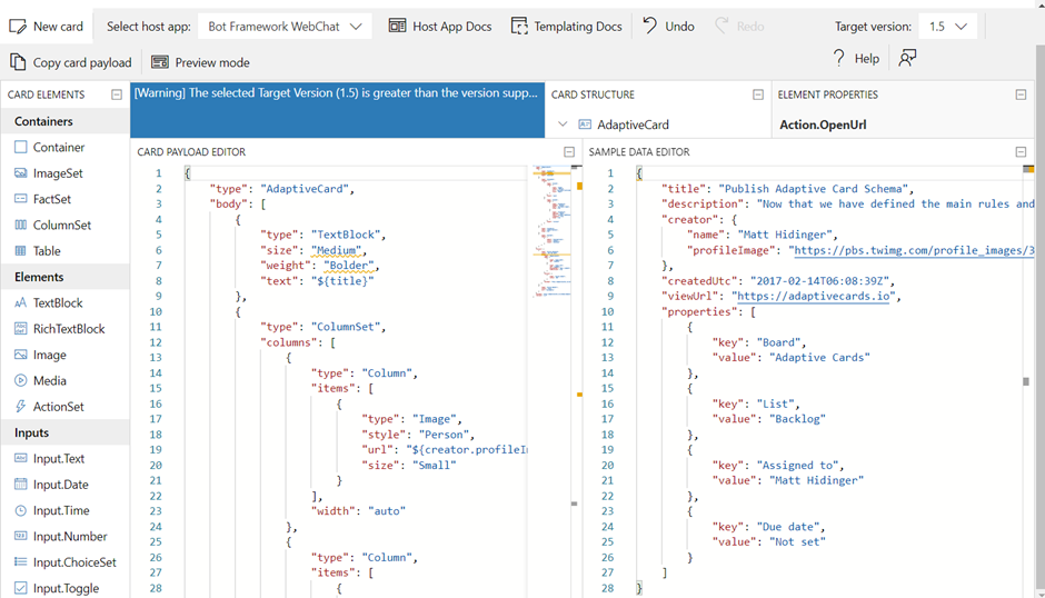 JSON in Adaptive Card Designer