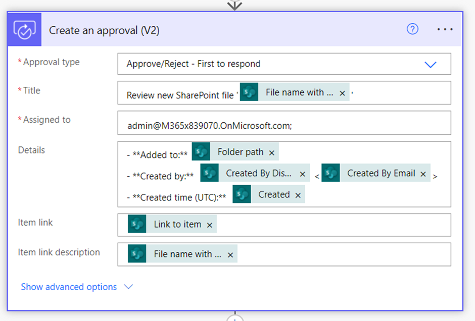 Create an approval action with dynamic content