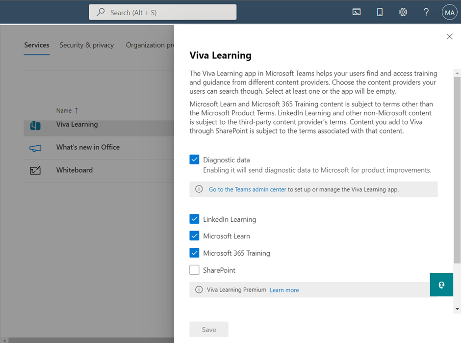Viva Learning Service in Microsoft 365 Admin Centre