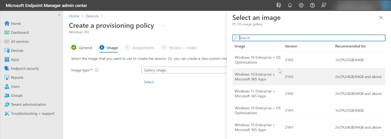 Selecting a Windows 10 or Windows 11 image for Windows 365