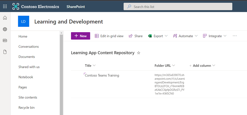 Learning App Content Repository SharePoint List
