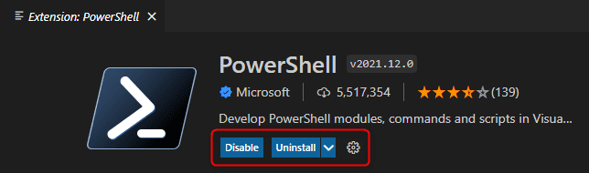 Disable and Uninstall options appear after installing the extension