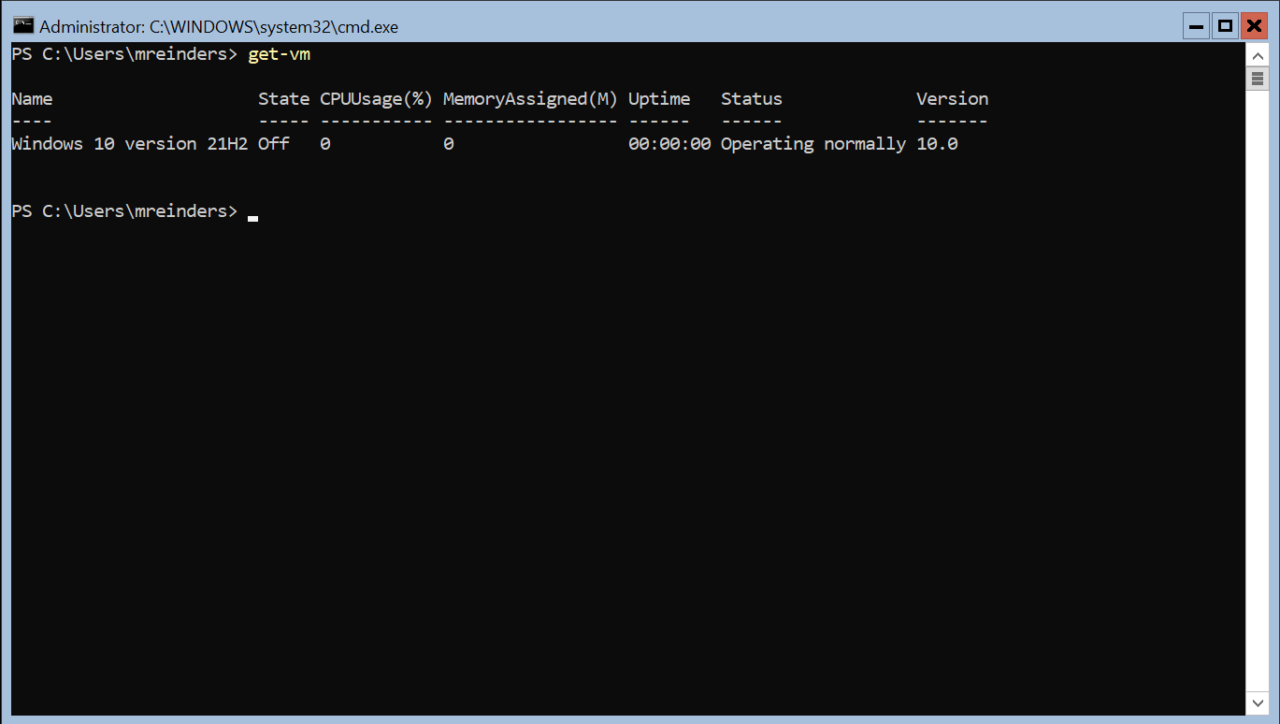 Running 'Get-VM' to see our new Windows 10 VM - using PowerShell