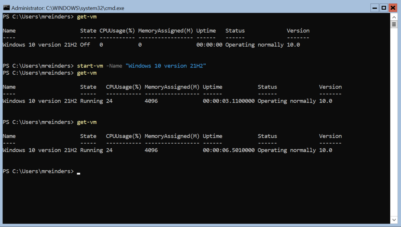 After running 'Start-VM' we can see our new VM is in the 'Running' state