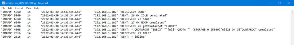 Logs from hMailServer with our inbound IMAP attempt from Thunderbird