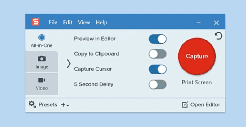 The different capture options with SnagIt