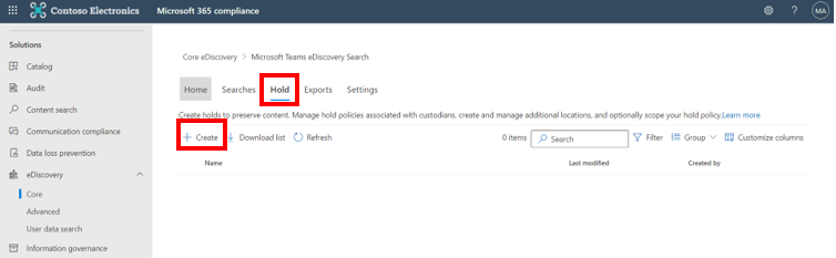Create a new hold under eDiscovery case