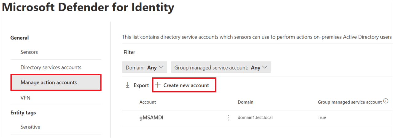 Microsoft Defender for Identity action accounts