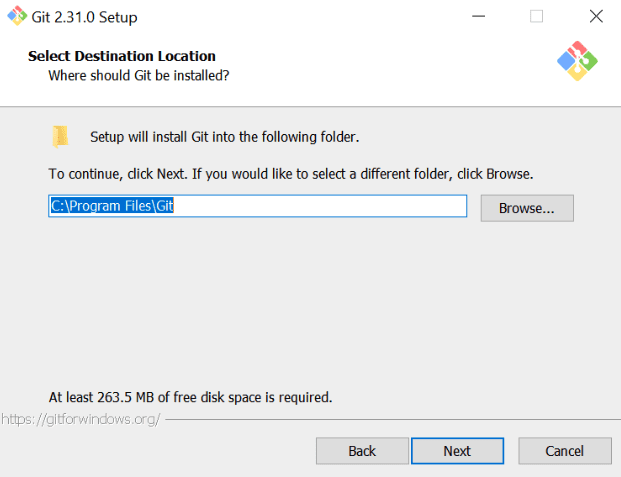 Select the location to store the Git installation files.
