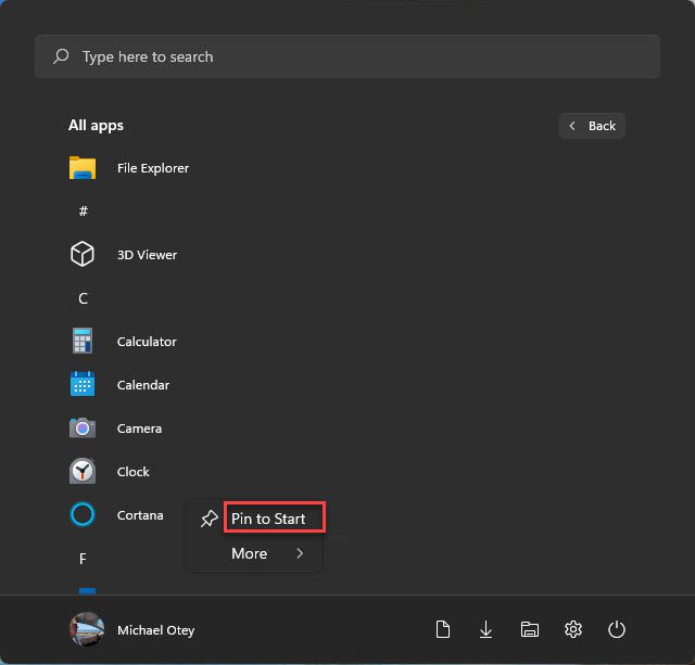 Pinning items to the Start menu from the All apps list