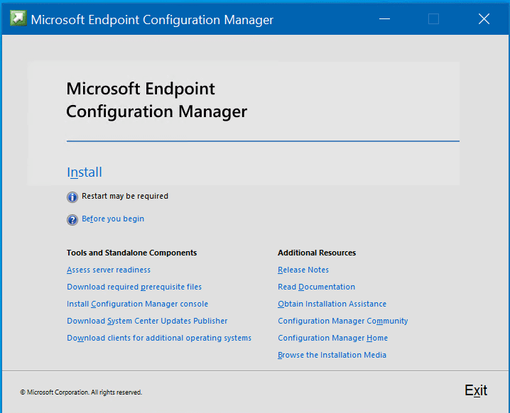 The initial splash screen for Microsoft Endpoint Configuration Manager