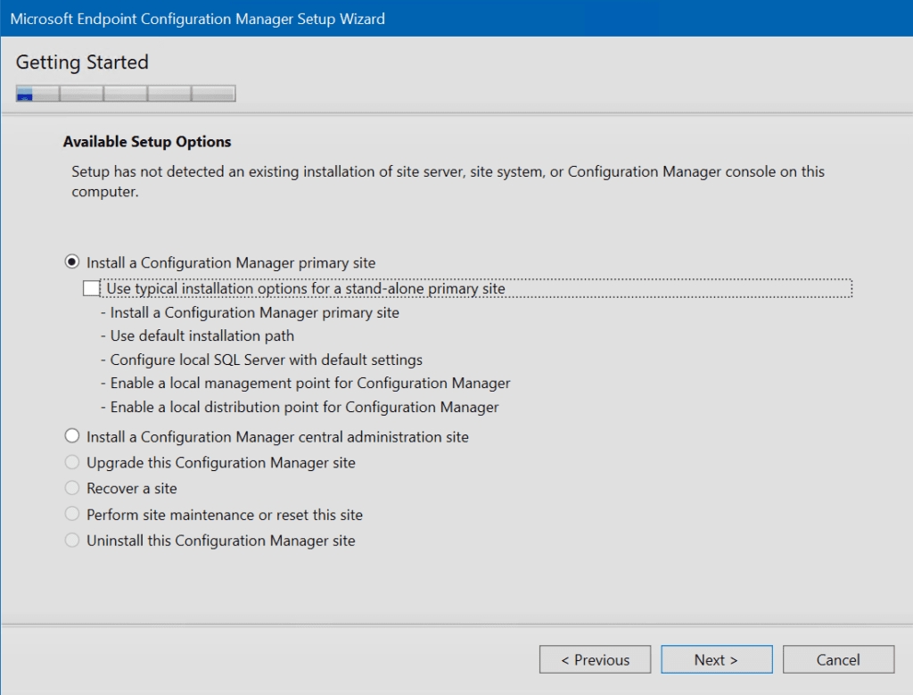 We'll use the default option of a stand-alone Configuration Manager primary site
