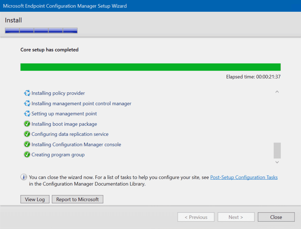 Core setup for Microsoft Endpoint Configuration Manager has completed