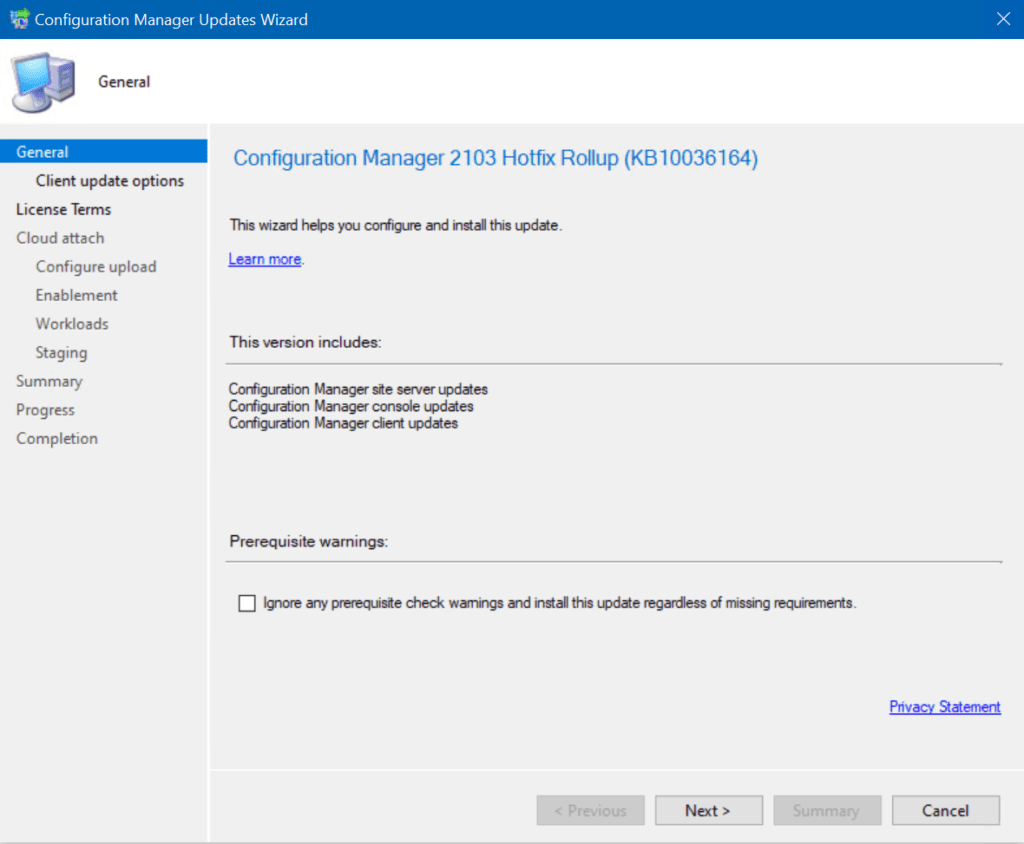 We're installing the latest Hotfix Rollup for Configuration Manager 2103